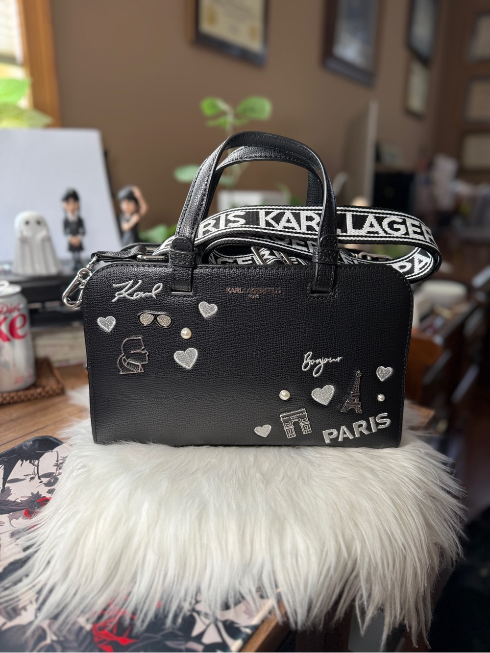 Karl Lagerfeld Paris Maybelle Black & Silver Medium Satchel Handbag Crossbody